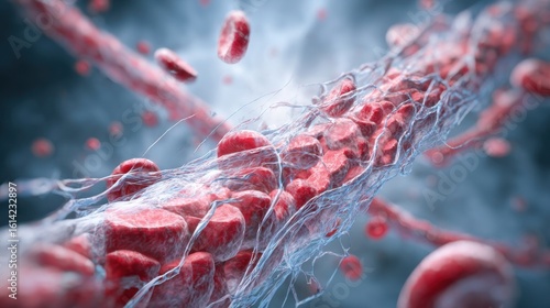 Medical illustration showcasing staccato red segments along mediumsized arteries representing irregular vascular inflammation and compromised blood flow.