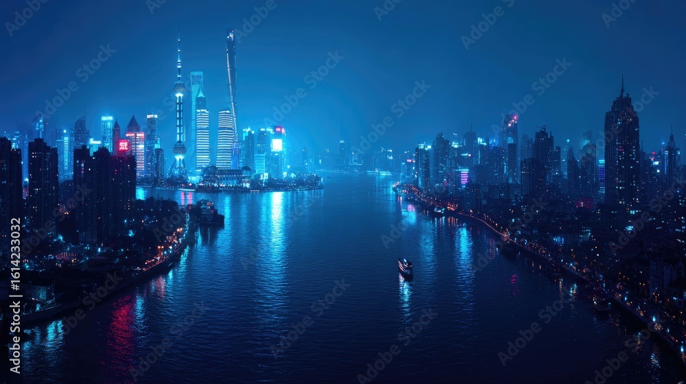 Fototapeta premium A vibrant cityscape at night, illuminated by neon lights.