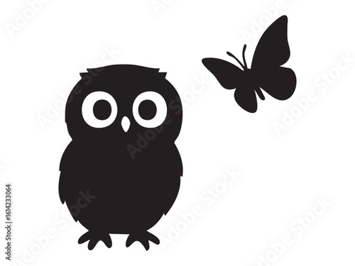Black silhouette of owl with butterfly isolated on white background, graphic illustration. concept of bird, nocturnal animal, insect, nature icon, design element, wildlife.