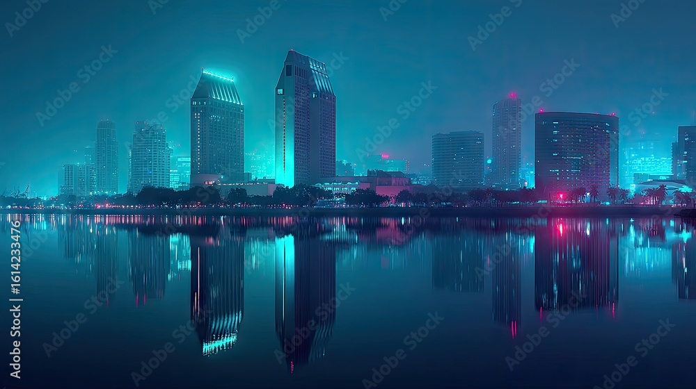 Fototapeta premium Neon-lit city skyline reflected in a calm lake at night.