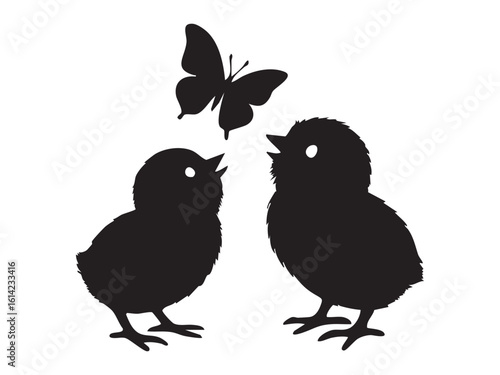 Black silhouette of two chicks and butterfly isolated on white background. concept of birds, cute animals, nature, wildlife, decorative art, design element
