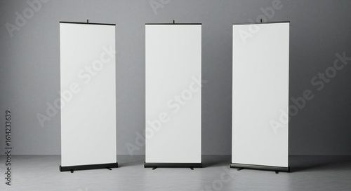 Three white roll-up banners against a gray background, minimalist style, natural lighting, symmetrical composition.