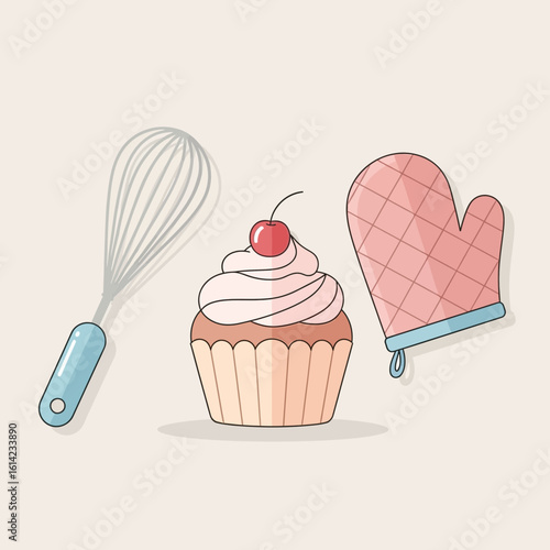 Cupcake with cherry whisk and oven mitt on beige background.