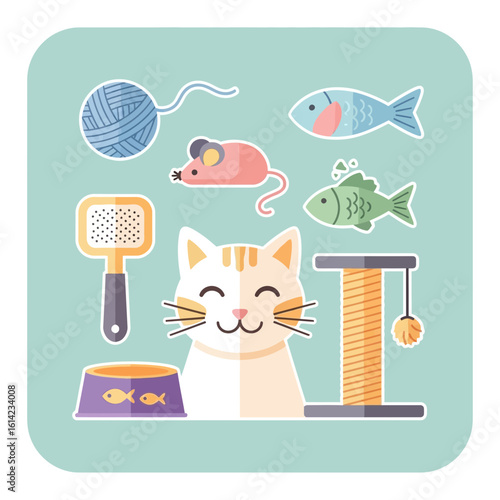Illustration of a cat with toys and accessories on a light blue background.