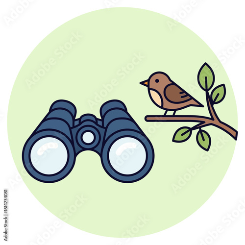 Binoculars and a bird on a branch inside a light green circle.