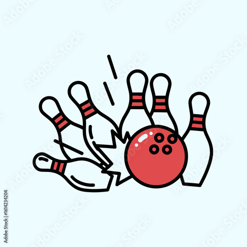 Bowling ball hitting pins illustration on a light blue background.