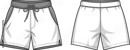 Men's shorts front view, back view, drawstring waistband, side pockets, casual summer wear, fashion design, cad drawing flat vector illustration