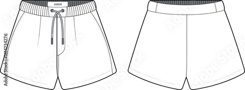 Women's summer shorts front view, back view, drawstring waistband, casual fit, fashion design template, cad drawing flat vector illustration