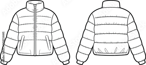Winter puffer jacket front view, back view, fashion design template, outerwear sketch, clothing vector, cad drawing flat vector illustration