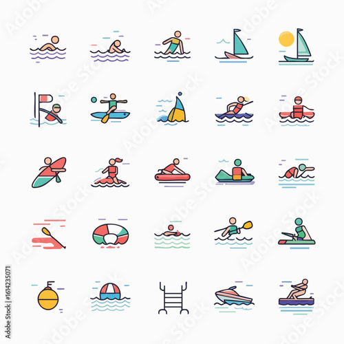 Diverse Water Sports and Activities Icons Collection.