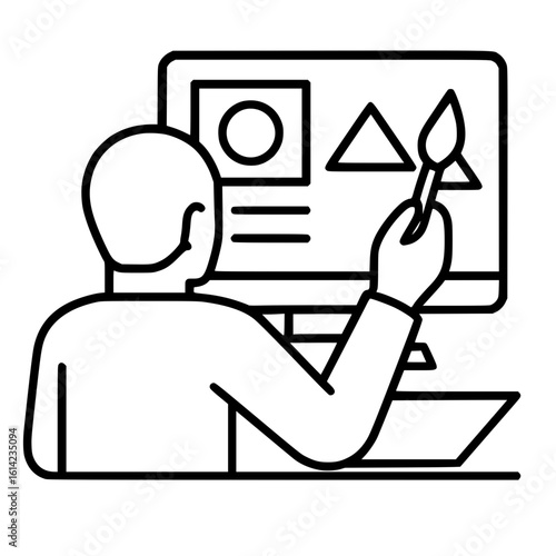 Digital Artist Working on Computer Screen with Brush, Creative Design Icon
