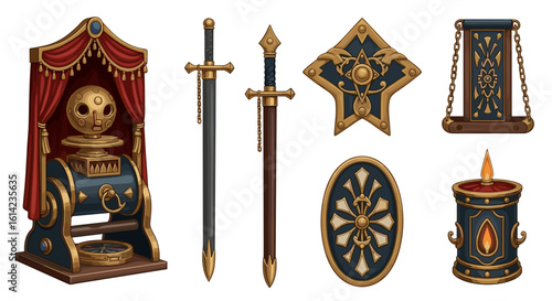 Fantasy artifacts and equipment arranged on white background for game asset