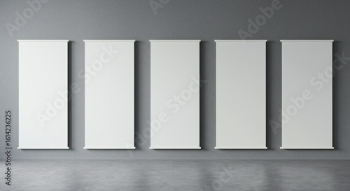 Five vertical white panels on a gray wall, minimalist design, soft lighting, contemporary style, emphasizing symmetry and simplicity.