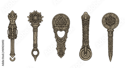 Assortment of intricately designed and aged magical wands or ceremonial scepters