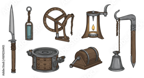 Assortment of medieval or fantasy implements and tools illustration design