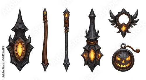 Fantasy dark sorcerer artifacts, glowing mystical power and gothic charm