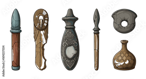 Mystical antique objects, ancient artifacts, and magical items collection