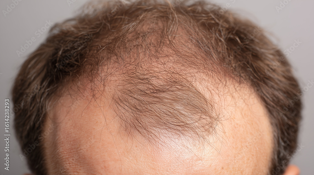 Obraz premium 頭頂部の毛量が減った男性のクローズアップ。薄毛対策や育毛治療関連の広告や説明素材に適したビジュアル。 