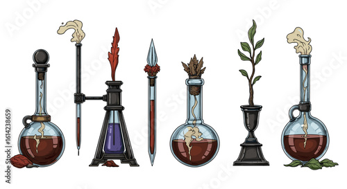 Whimsical alchemist potion bottles, enchanting vintage science and art