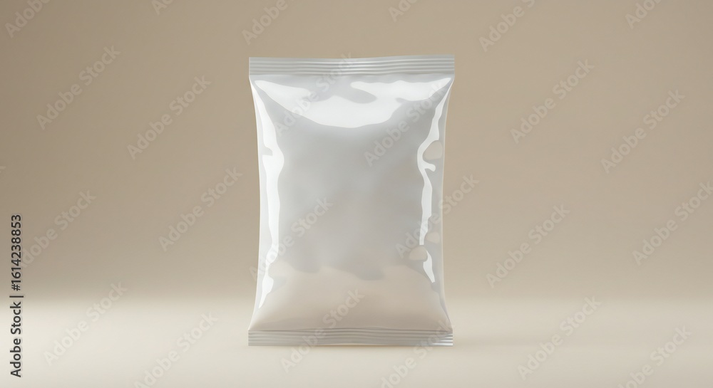Obraz premium Transparent pouch centered, glossy finish, muted beige background, minimalist design, contemporary style.
