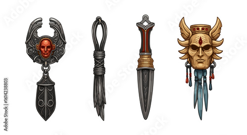 Collection of fantastic artifact illustrations with ornamental and fantasy elements
