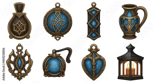 Collection of ornate pendants and objects with intricate designs in blue
