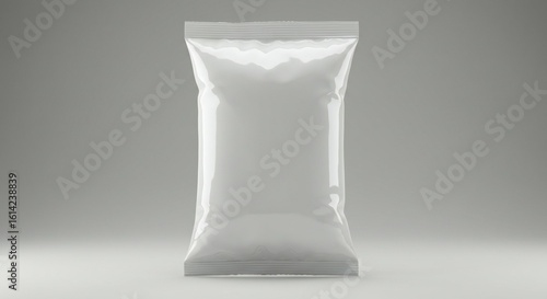 A glossy white pouch centered on a soft gray gradient background, illuminated with diffused light to highlight reflections and shadows, evoking a modern, minimalist style.