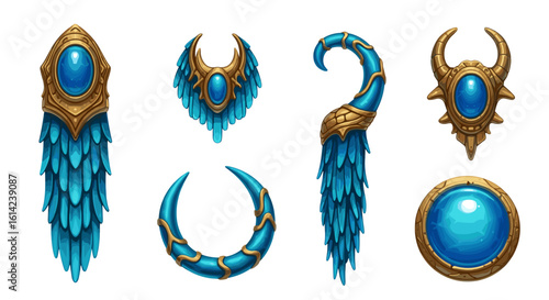 Ornate fantasy jewelry: a collection of turquoise and gold objects