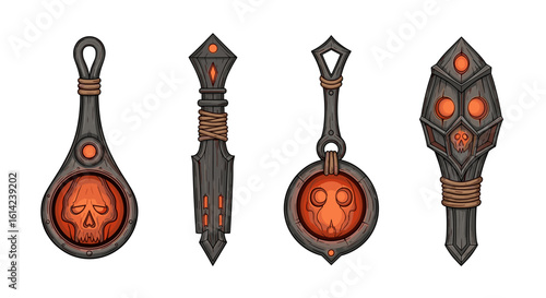 Mystical skull amulets in a collection, glowing with fantasy power.