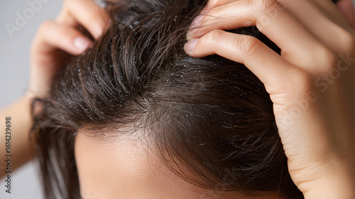 フケが見える黒髪の分け目を両手でマッサージしている女性の頭皮クローズアップ。フケ対策や頭皮ケア商品の説明に適したビジュアル。
