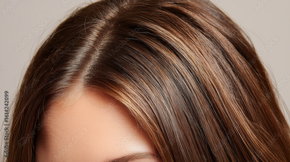 Naklejka premium 分け目が見えるブラウンヘアのトップが鮮明に捉えられたカット。育毛剤や頭皮ケア商品の説明用に適したビジュアル。 