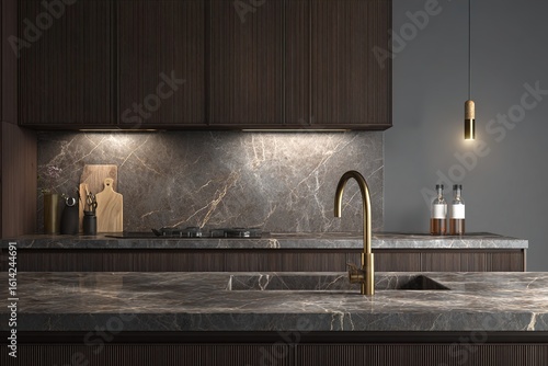 Fototapeta Naklejka Na Ścianę i Meble -  Modern minimalist kitchen interior with dark wood cabinets, grey marble countertops, and brass faucet under soft lighting on a grey background. 3D Rendering. High quality