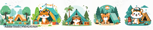 collection of cute tiger vectors camping