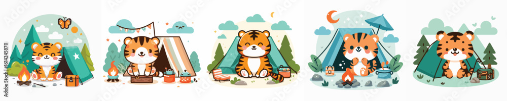 Fototapeta premium collection of cute tiger vectors camping
