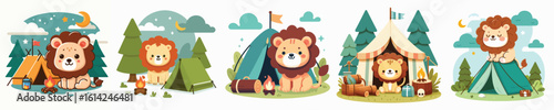 collection of cute lion vectors camping