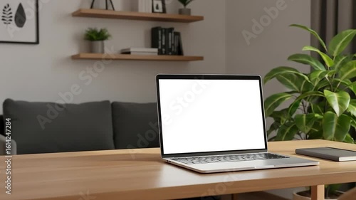 Wallpaper Mural Laptop with Blank Screen on Warm Wooden Desk in Plant-Filled Room
 Torontodigital.ca