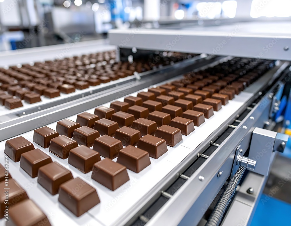 Fototapeta premium Chocolate squares on a conveyor belt in a factory (4)