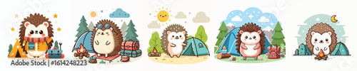 collection of cute hedgehog vectors camping