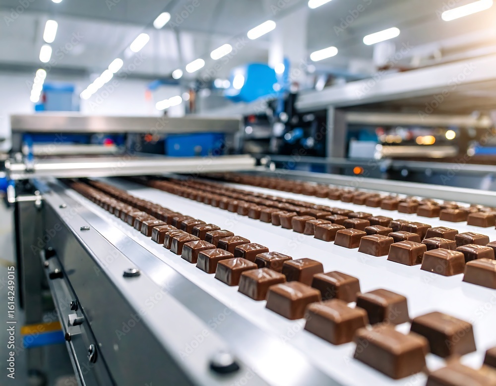 Fototapeta premium Chocolate squares on a conveyor belt in a factory (5)