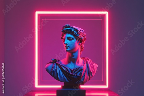 Bust statue illuminated with neon glow in vivid pink and blue colors, blending classic art aesthetic with modern design trends