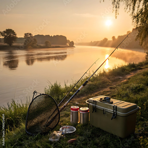 An angler’s tackle setup beside a calm riverbank at sunset – fishing rods, tackle box, bait jars, and a net with golden light reflecting off the water.
