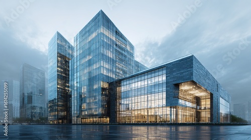 Fototapeta Naklejka Na Ścianę i Meble -  3d rendering of modern architecture, Skyscraper corporate office building with glass window. High quality