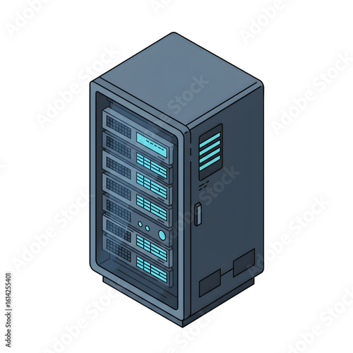 Isometric Vector Element of a Futuristic Server Rack with Glowing Lights