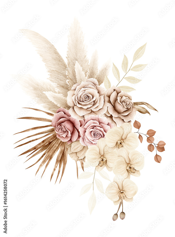 Fototapeta premium Watercolor floral bouquet illustration in boho style on white background with pink, cream and brown roses, tulip, orchid, green and copper eucalyptus, palm leaves, pampas and dried leaves and branches