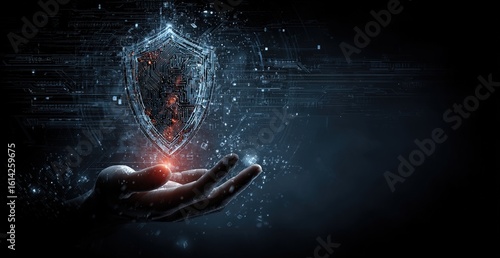Digital data protection icon hovering above hand on dark tech background. High quality