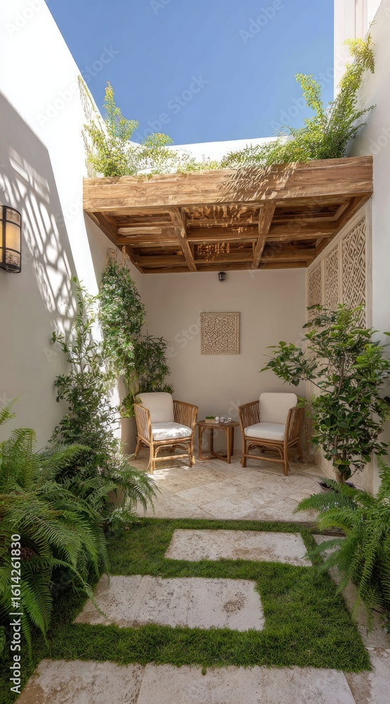 Fototapeta premium Whitewashed patio with wooden pergola
