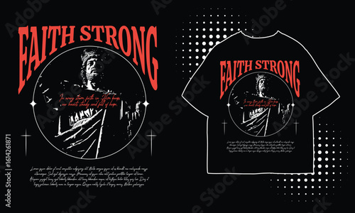 An illustration of a t-shirt design featuring a religious figure with text.