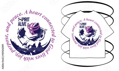 Graphic design for a t-shirt featuring a stylized figure, inspirational text, and a circular motif.