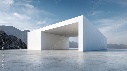 3d render of abstract modern architecture with empty concrete floor, minimal white exterior, car presentation background. High quality