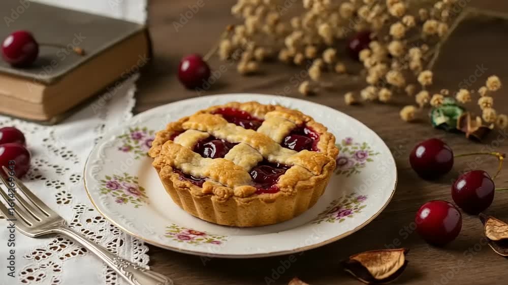 Cherry tart on decorative plate Cherry tart on decorative plate